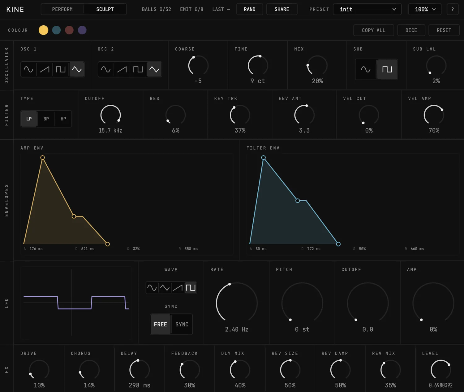 The Sculpt panel: oscillators, filter, envelopes, LFO and the shared effects rack.