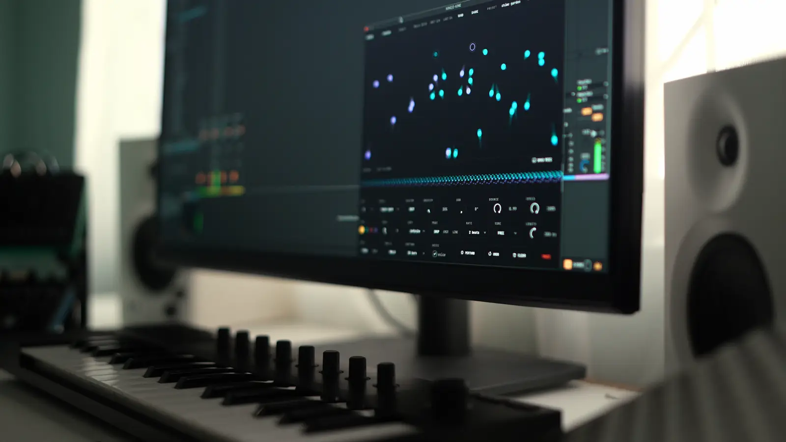 A monitor at an angle on a studio desk, the Kine window open across it with blue and green balls falling through the canvas. A MIDI keyboard runs along the front of the desk and a studio monitor stands to the right.
