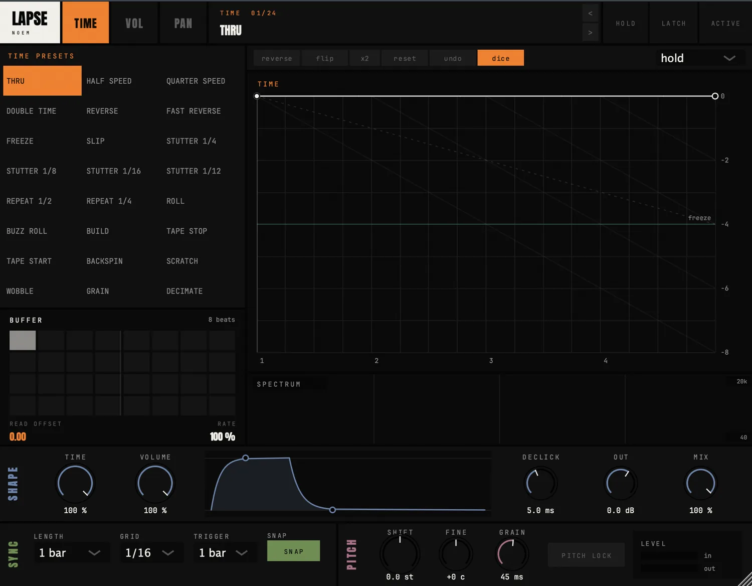 The Lapse window with the TIME lane open: twenty-four time presets down the left, the envelope canvas with a flat 'thru' line and a dashed freeze reference behind it, the eight-beat buffer grid below, and the shape, sync and pitch controls across the bottom.