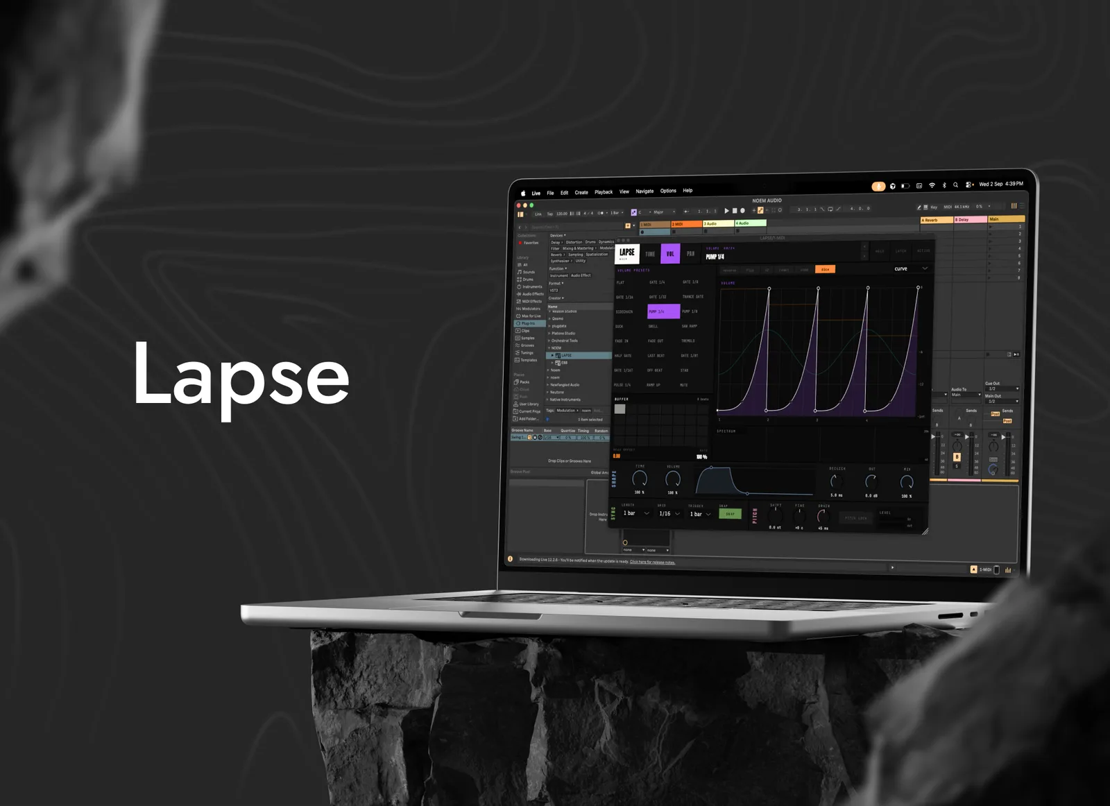 A laptop on a rock showing the Lapse window: the volume lane open, four pump shapes drawn across the envelope canvas and the preset list down the left. The name Lapse is set beside it.