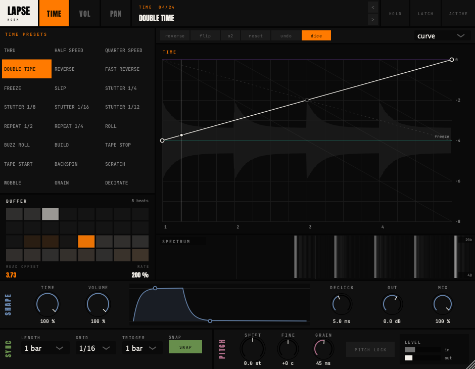 Lapse with the Time lane open and Double time selected. A rising orange envelope crosses the waveform, with 24 time presets to the left and shape, sync and pitch controls below.