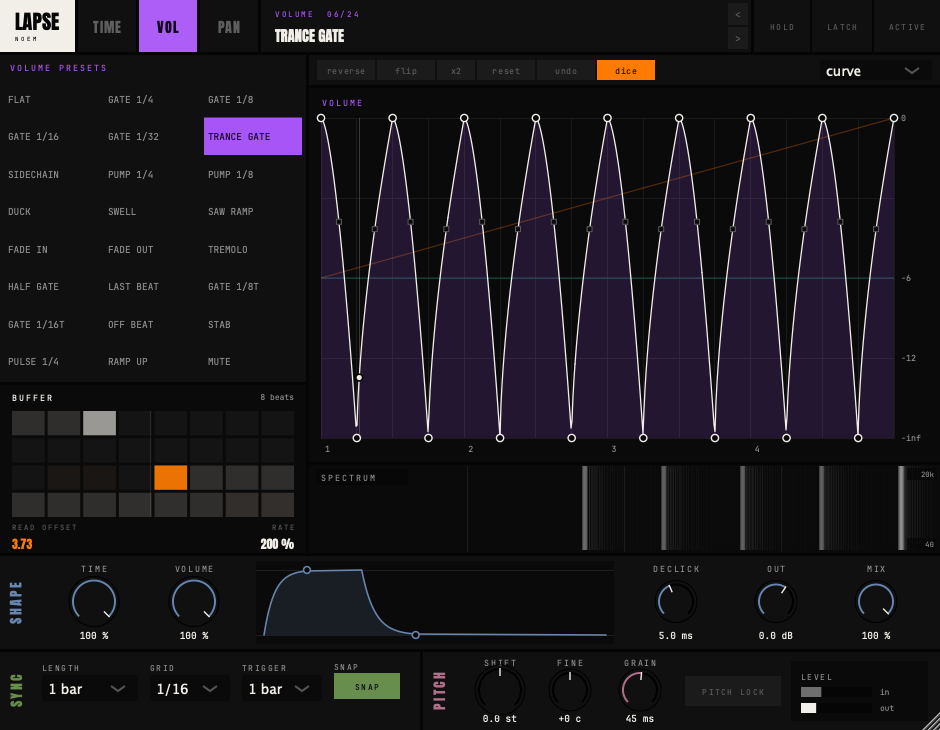 Lapse with the Volume lane open and Trance gate selected. Eight purple peaks form a repeating gate, with the Time envelope visible behind them.
